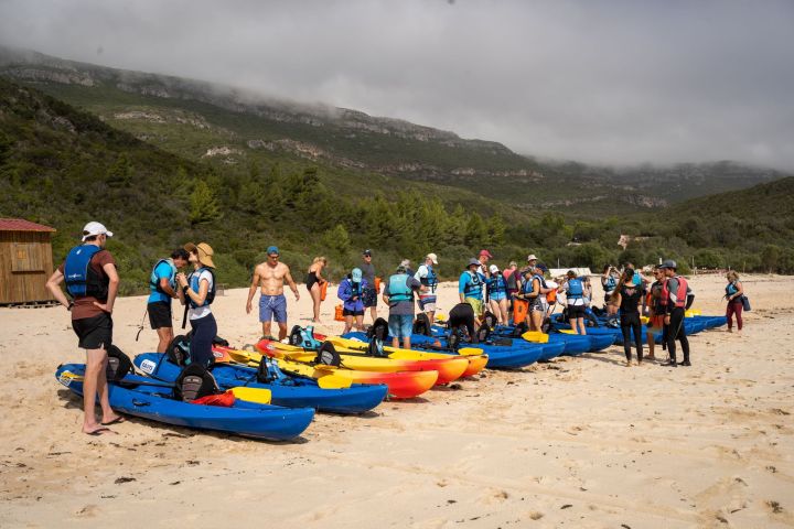 a group of people sitting at a beach