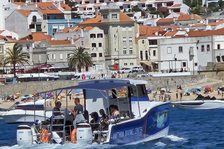 Boat with passengers on water, coastal town in background with red-roofed buildings.